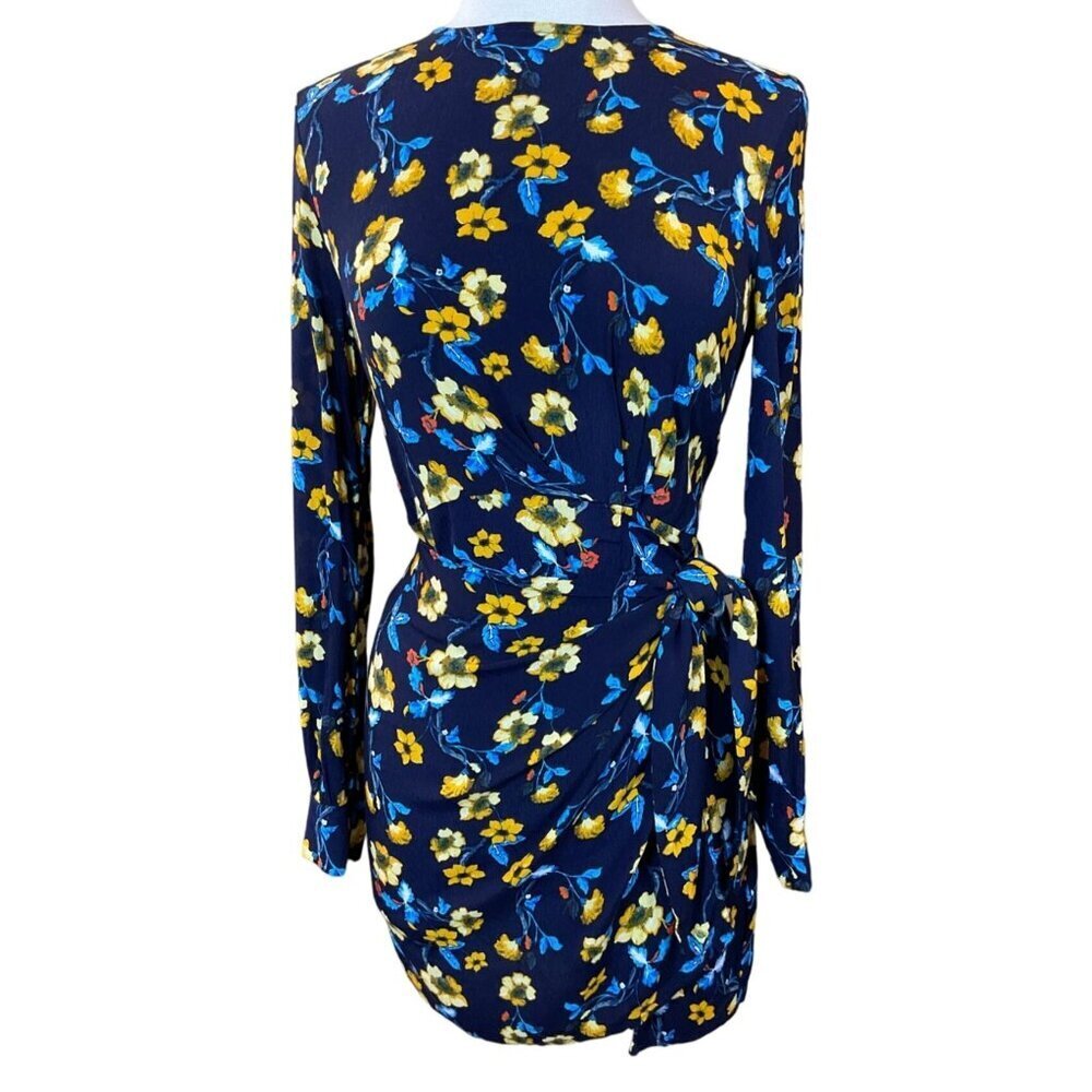 ASTR The Label Apron Front Long Sleeve Navy Mustard Floral Tie Wrap Dress Med - Picture 1 of 10